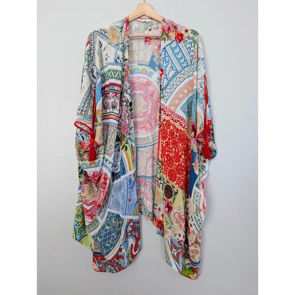 Johnny Was Boho Short Kimono Coverup Floral Pattern Embroidered Size L Large - Picture 3 of 9